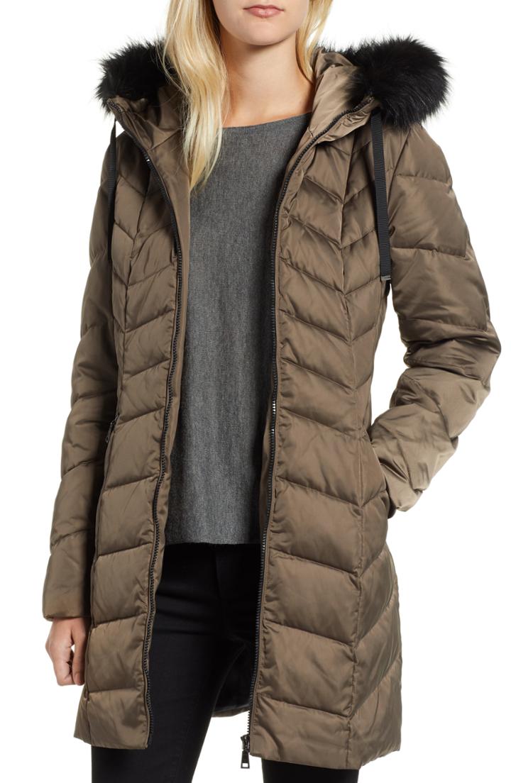 Women's Tahari Gwen Chevron Down & Feather Faux Fur Coat - Brown