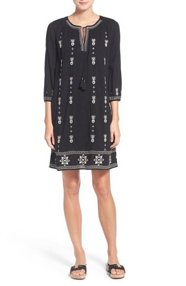 Women's Caslon Three-quarter Sleeve Embroidered Shift Dress - Black