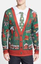 Men's Faux Real 'ugly Christmas Cardigan' Long Sleeve T-shirt - Green