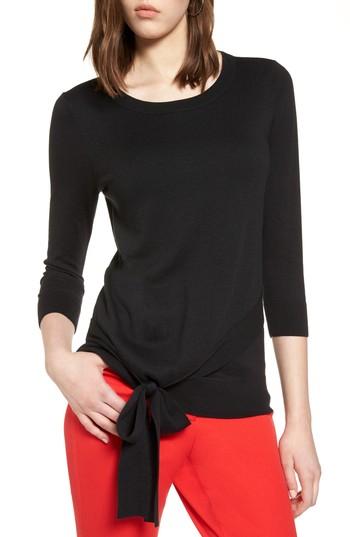 Women's Halogen Pima Cotton Blend Tie Sweater - Black