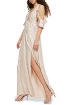 Women's Topshop Cold Shoulder Foil Maxi Dress Us (fits Like 10-12) - Beige