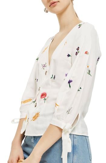Women's Topshop Field Embroidered Floral Blouse Us (fits Like 0) - Ivory