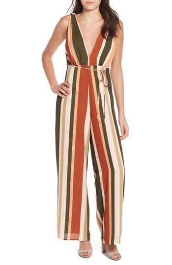 Women's 4si3nna Stripe Deep V Jumpsuit - Beige