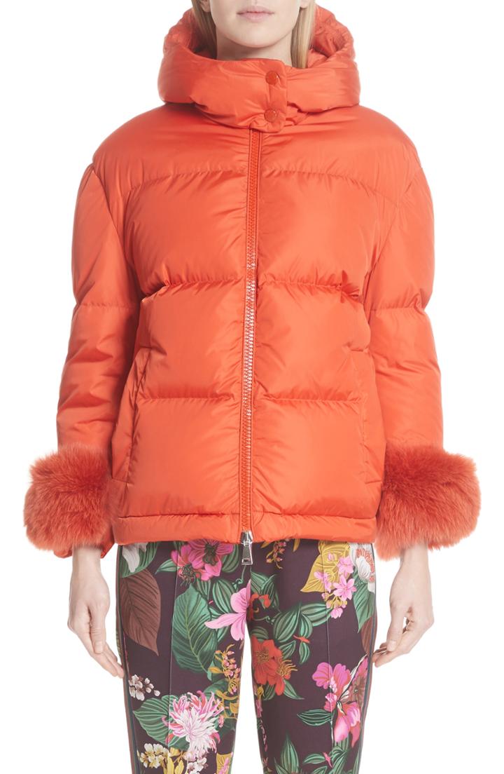 Women's Moncler Effraie Hooded Down Coat With Removable Genuine Fox Fur Cuffs