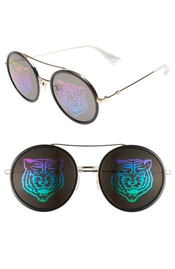 Men's Gucci Web Block Hologram 56mm Round Sunglasses - Gold/ Pearl