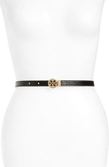 Women's Tory Burch Logo Reversible Leather Skinny Belt