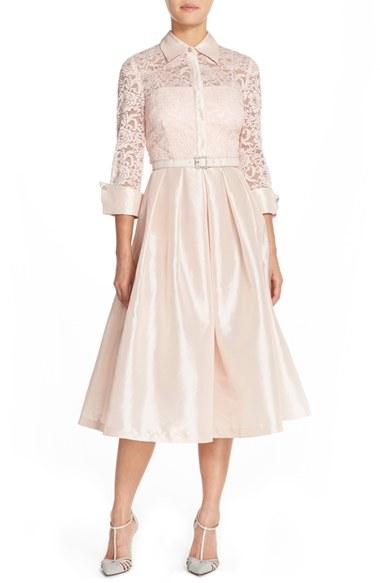 Women's Eliza J Belted Lace & Taffeta Point Collar Midi Dress