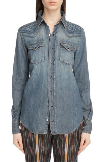 Women's Saint Laurent Embroidered Denim Western Shirt - Blue