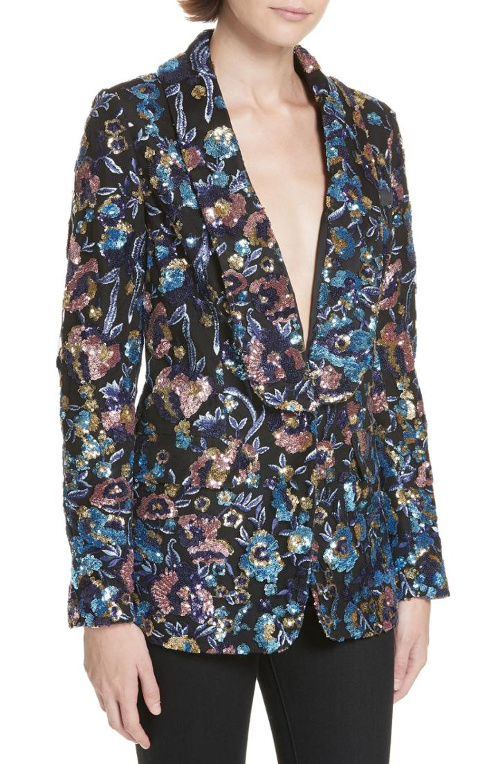 Women's Self-portrait Floral Sequin Blazer - Black