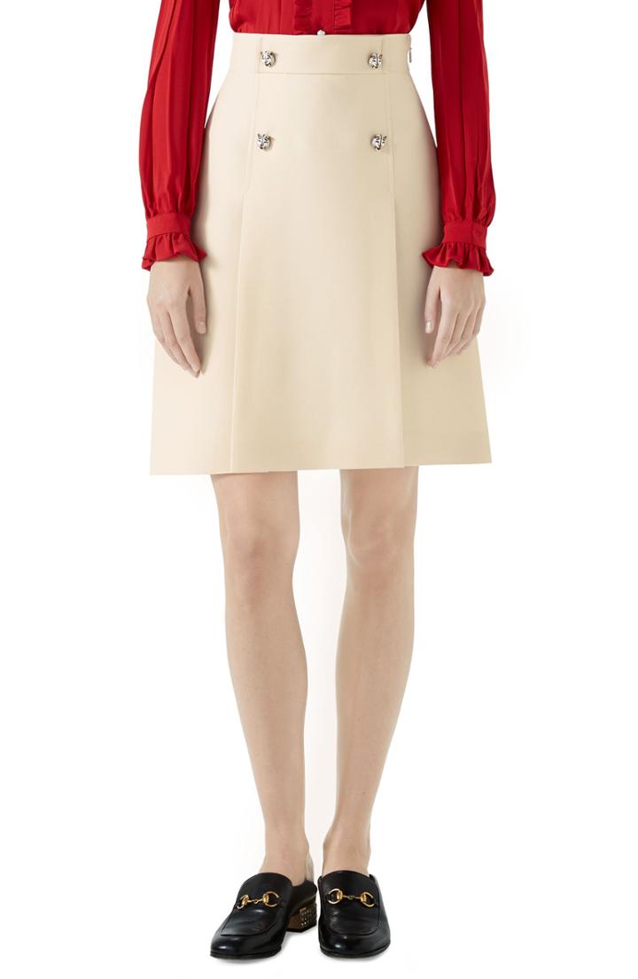 Women's Gucci Tiger Button Wool & Silk Crepe A-line Skirt Us / 44 It - Ivory