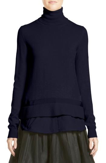 Women's Moncler Ciclista Tricot Knit Wool Turtleneck Sweater - Blue