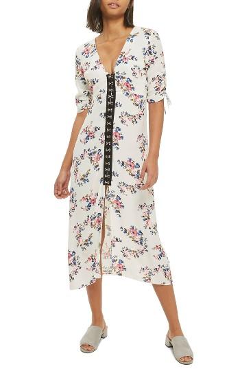 Women's Topshop Hook Front Floral Midi Dress Us (fits Like 0-2) - White