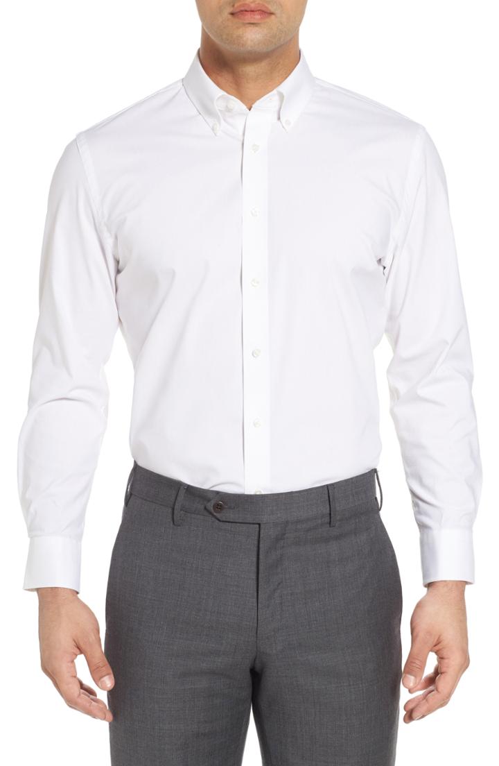Men's Nordstrom Men's Shop Tech-smart Trim Fit Stretch Pinpoint Dress Shirt - 34/35 - White