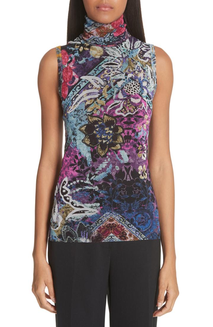 Women's Fuzzi Floral Patchwork Print Tulle Turtleneck - Black