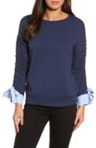 Women's Halogen Ruched Sleeve Poplin Trim Sweatshirt - Blue