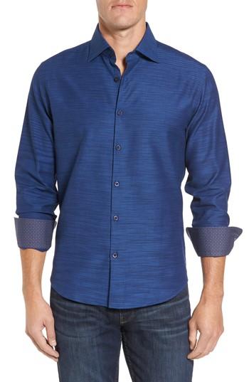 Men's Stone Rose Slim Fit Melange Textured Sport Shirt (l) - Blue