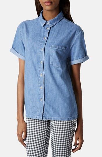 Topshop Moto Short Sleeve Denim Shirt Light Denim