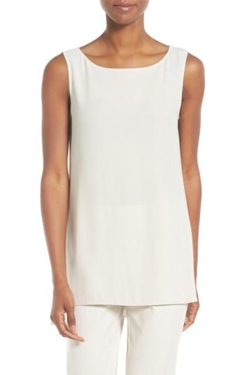 Petite Women's Eileen Fisher Silk Crepe Bateau Neck Shell, Size P - Beige