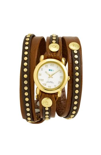 La Mer Collections 'Bali' Gold Studded Leather Wrap Watch Brown/ Gold One Size