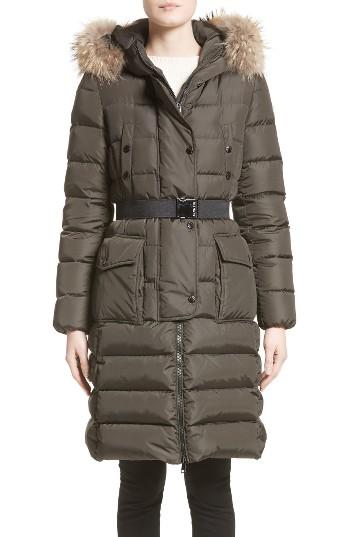 Women's Moncler 'khloe' Water Resistant Nylon Down Puffer Parka With Removable Genuine Fox Fur Trim - Green