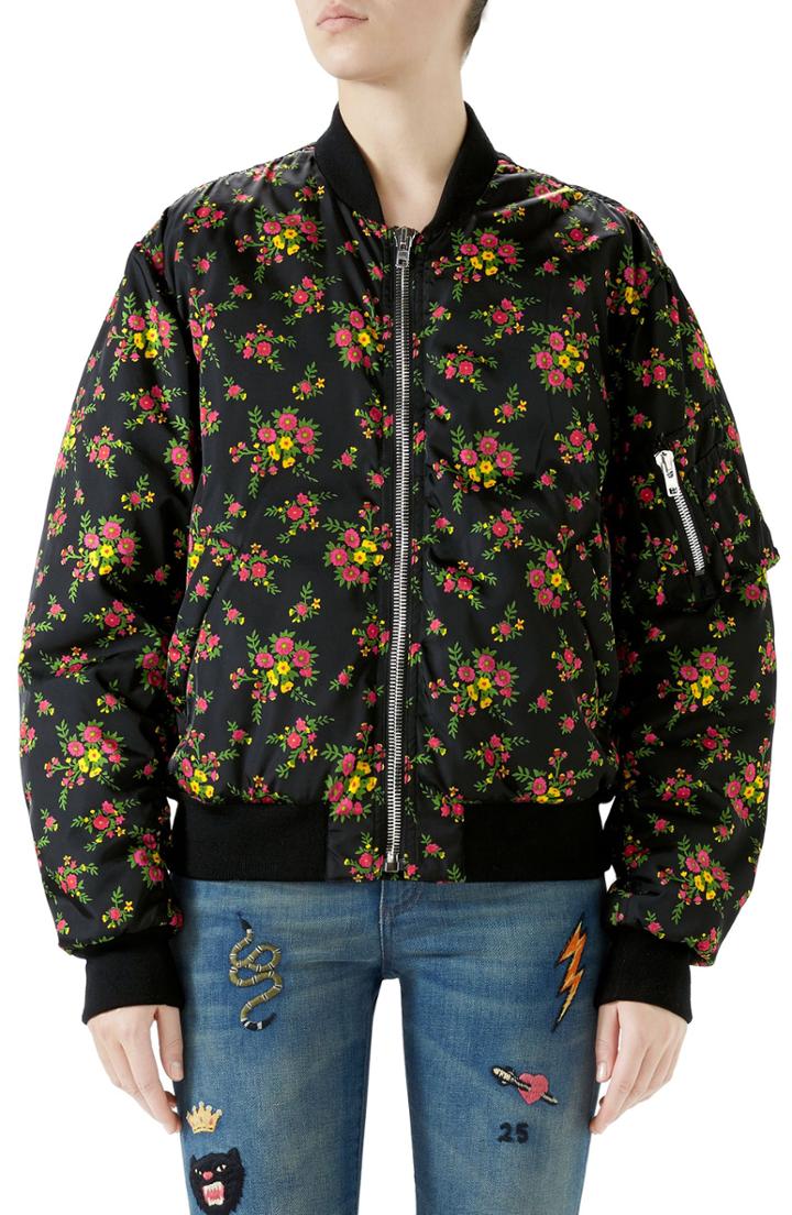 Women's Gucci Floral Bouquets Print Bomber Jacket Us / 40 It - Black