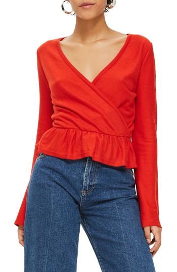 Women's Topshop Peplum Wrap Sweater Us (fits Like 0) - Red