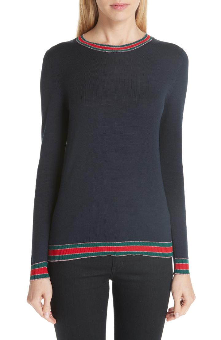 Women's Gucci Stripe Trim Wool Sweater - Blue