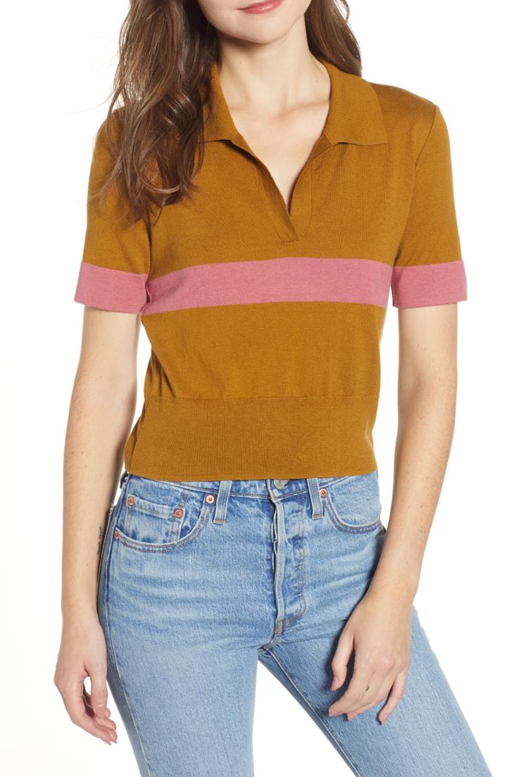 Women's Bp. Stripe Polo Sweater, Size - Brown