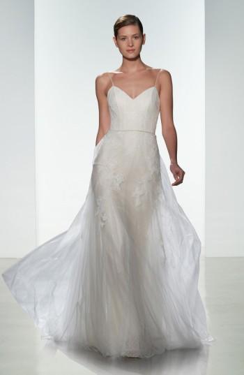 Women's Christos Bridal 'effie' Point D'esprit & Tulle Spaghetti Strap Gown, Size - Ivory