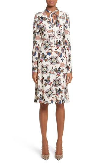 Women's Valentino Pop Floral Print Sable Crepe Tie Neck Dress - White