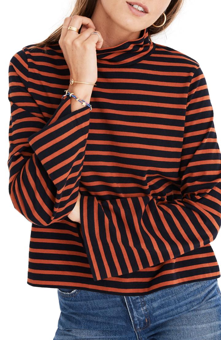 Women's Madewell Stripe Wide Sleeve Turtleneck - Blue