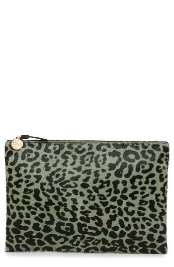 Clare V. Leopard Genuine Calf Hair Clutch - Green