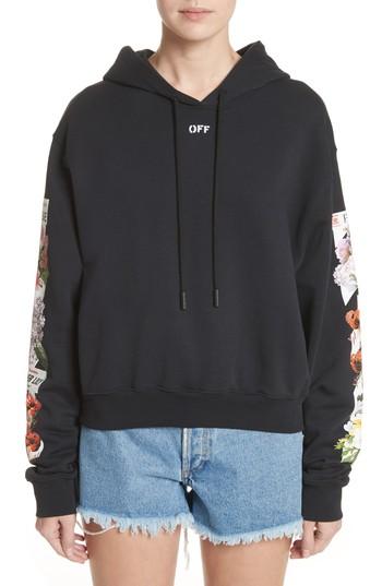 Women's Off-white Diagonal Flower Shop Crop Hoodie, Size - Black