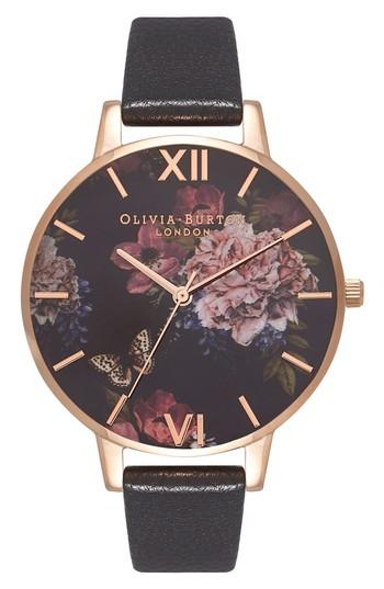 Women's Olivia Burton Dark Bouquet Leather Strap Watch, 38mm