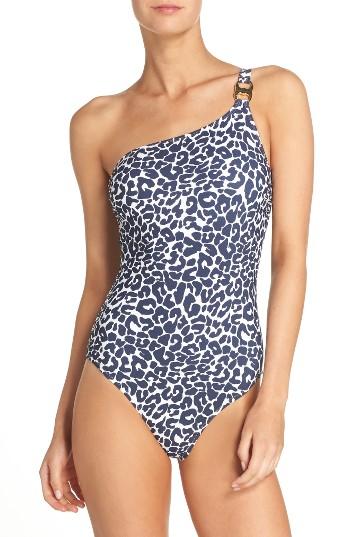 Women's Tory Burch Clouded Leopard One-shoulder Swimsuit - Blue