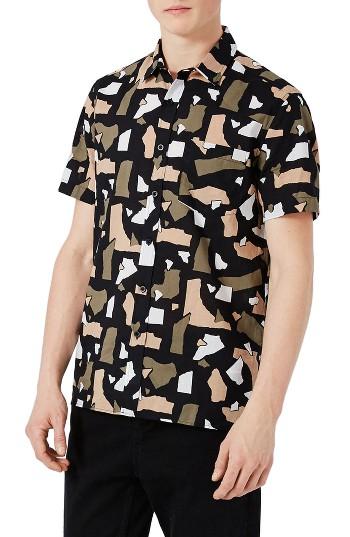 Men's Topman Torn Paper Print Shirt - Black