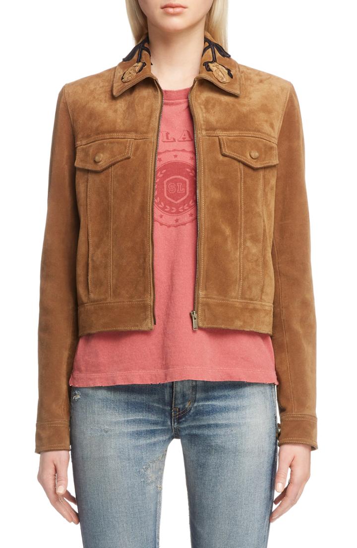 Women's Saint Laurent Rose Detail Suede Jacket Us / 38 Fr - Brown