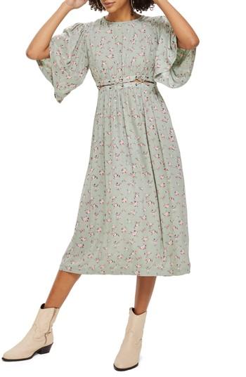 Women's Topshop Ditsy Lattice Smock Midi Dress Us (fits Like 0) - Green