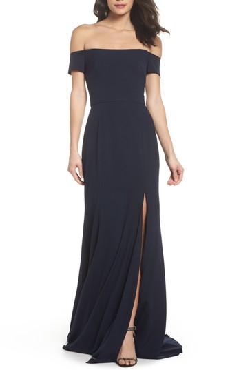 Women's Amsale Off The Shoulder Crepe Gown - Blue