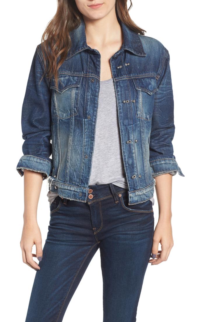 Women's Hudson Jeans Colorblock Studded Lambskin Leather Biker Jacket