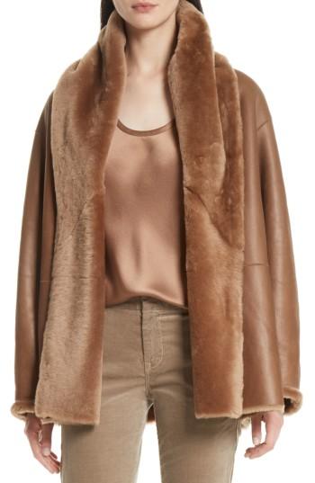 Women's Vince Shawl Collar Genuine Shearling Reversible Coat - Brown