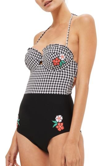 Women's Topshop Floral Applique Structured Gingham One-piece Swimsuit Us (fits Like 0-2) - Black