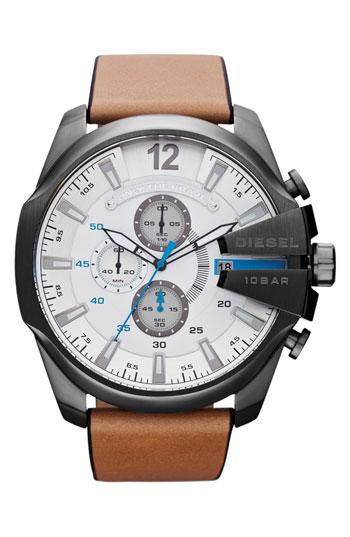 Diesel 'mega Chief' Leather Strap Watch, 51mm Tan/