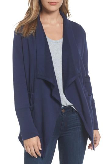 Petite Women's Caslon Asymmetrical Drape Collar Terry Jacket, Size P - Blue