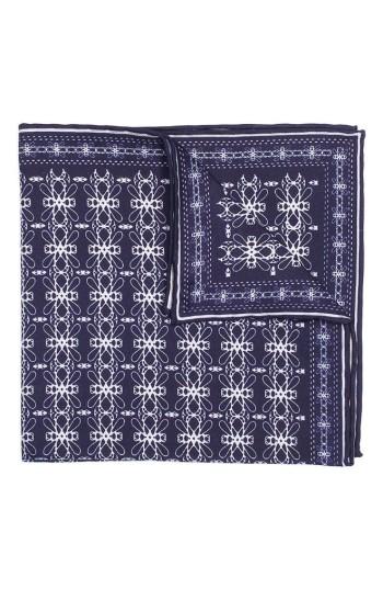 Men's Hook + Albert Filigreed Silk Pocket Square, Size - Blue