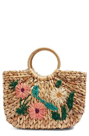 Topshop Beverly Floral Embroidered Straw Tote Bag - Beige
