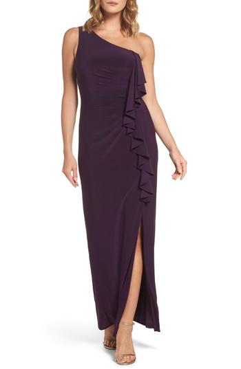 Petite Women's Eliza J Ruffle Front One-shoulder Gown P - Purple