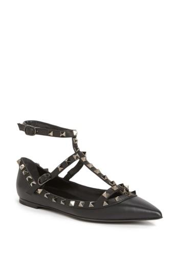 Women's Valentino Garavani 'rockstud' Double Ankle Strap Pointy Toe Flat .5us / 37.5eu - Black