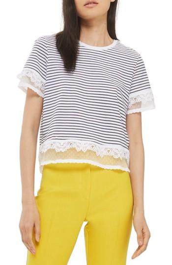 Petite Women's Topshop Lace Trim Stripe Tee P Us (fits Like 2-4p) - White