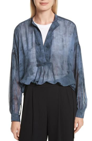 Women's Vince Watercolor Marble Print Silk Blouse - Blue